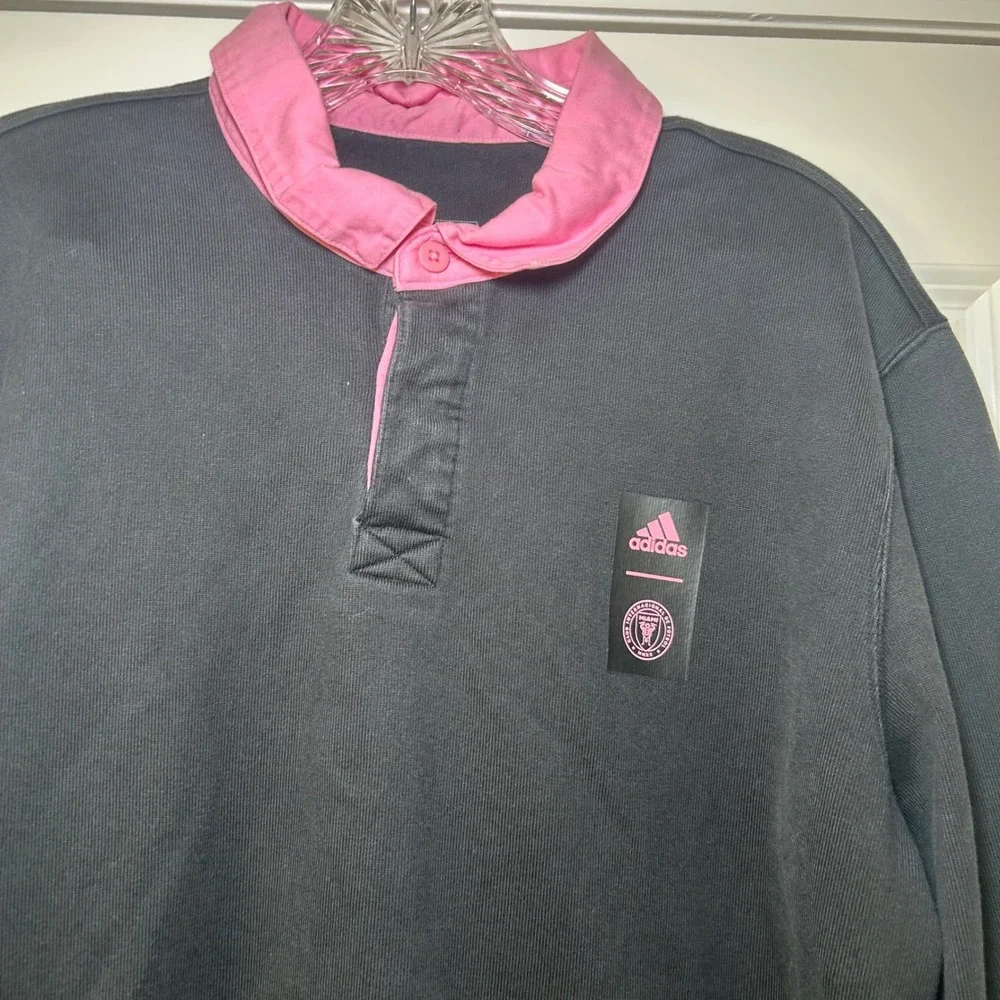 Adidas Inter Miami CF Rugby Shirt Mens Large Black Pink Long Sleeve Polo L